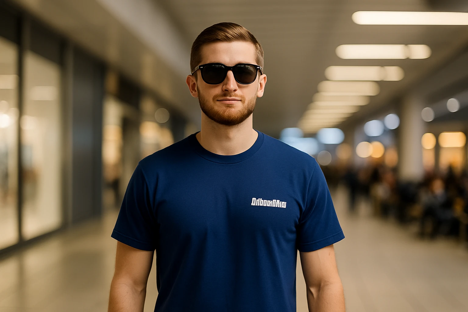 Modelo em shopping com camiseta DeNovoNão